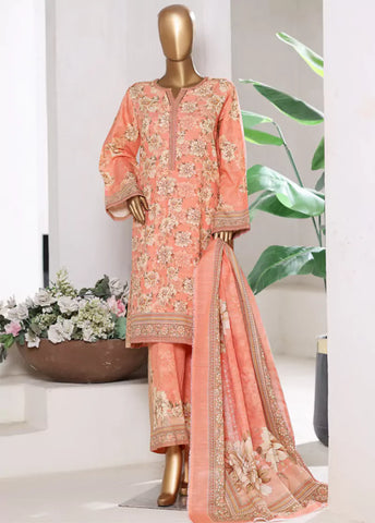 3 Piece Printed Peach Khaddar Shirt with Trouser & Dupatta