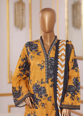 3 Piece Printed Orange Khaddar Shirt with Trouser & Dupatta