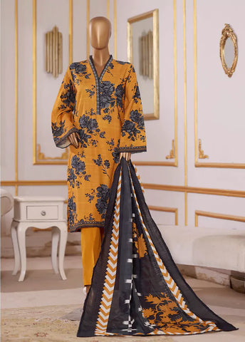 3 Piece Printed Orange Khaddar Shirt with Trouser & Dupatta