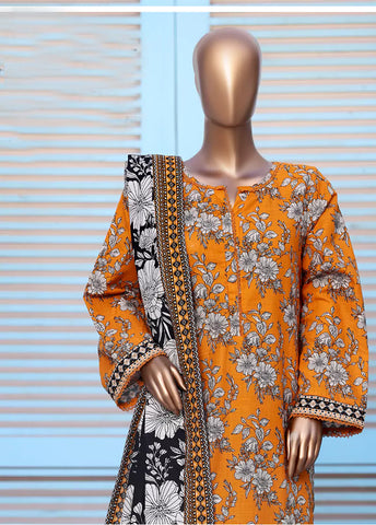 3 Piece Printed Orange Khaddar Shirt with Trouser & Dupatta