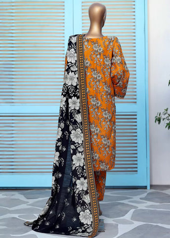 3 Piece Printed Orange Khaddar Shirt with Trouser & Dupatta
