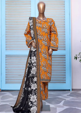 3 Piece Printed Orange Khaddar Shirt with Trouser & Dupatta
