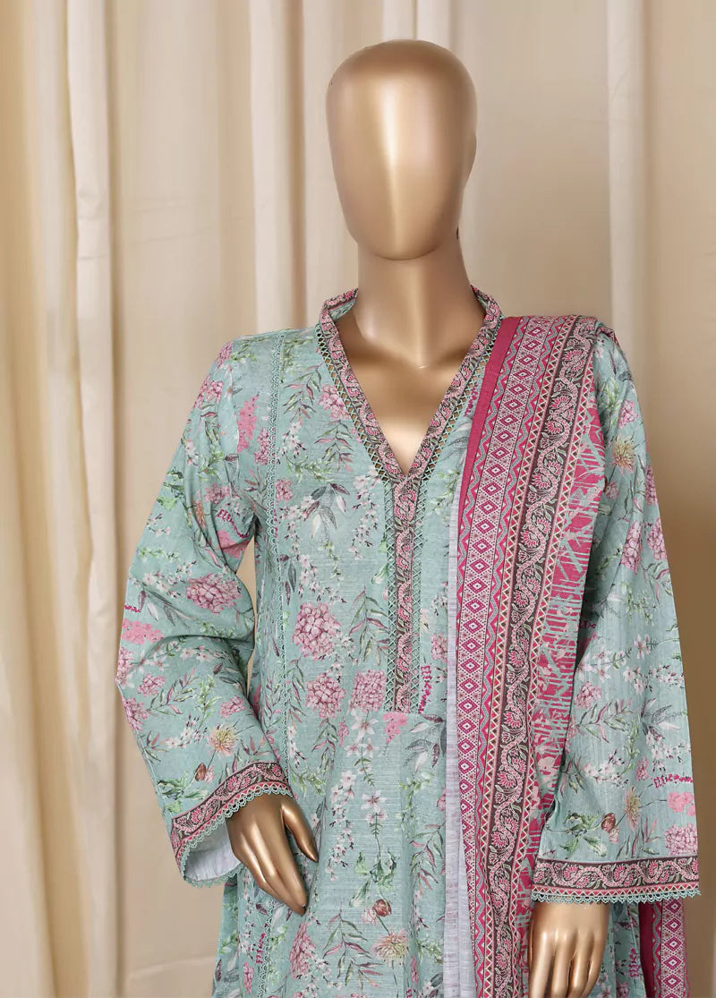 3 Piece Printed Pastel Blue Khaddar Frock with Trouser & Dupatta