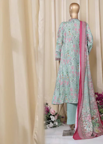 3 Piece Printed Pastel Blue Khaddar Frock with Trouser & Dupatta