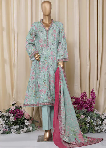 3 Piece Printed Pastel Blue Khaddar Frock with Trouser & Dupatta