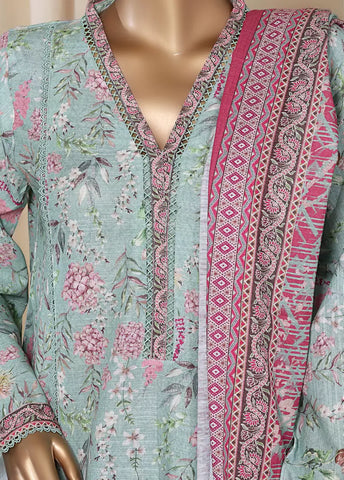 3 Piece Printed Pastel Blue Khaddar Frock with Trouser & Dupatta