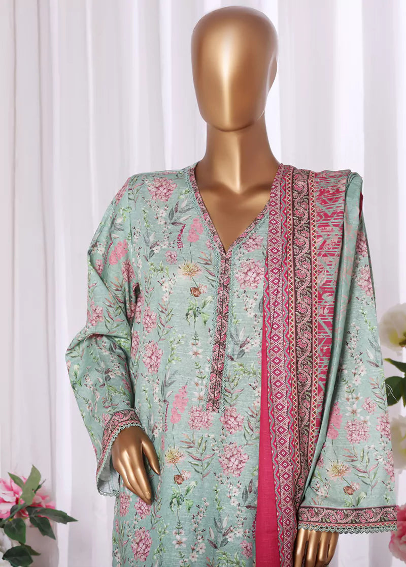 3 Piece Printed Mint Green Khaddar Shirt with Trouser & Dupatta