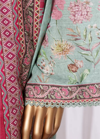 3 Piece Printed Mint Green Khaddar Shirt with Trouser & Dupatta