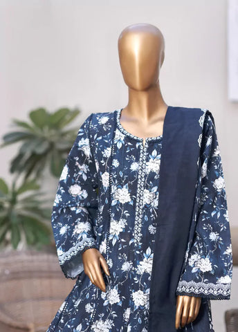 3 Piece Printed Navy Blue Khaddar Frock with Trouser & Dupatta
