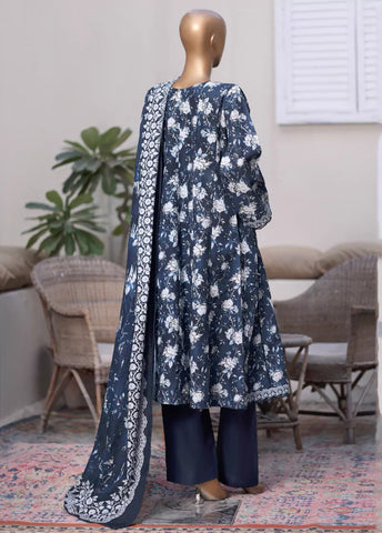 3 Piece Printed Navy Blue Khaddar Frock with Trouser & Dupatta