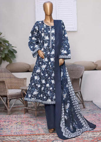 3 Piece Printed Navy Blue Khaddar Frock with Trouser & Dupatta
