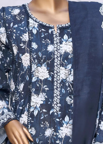 3 Piece Printed Navy Blue Khaddar Frock with Trouser & Dupatta