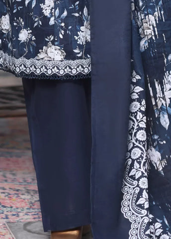 3 Piece Printed Navy Blue Khaddar Frock with Trouser & Dupatta