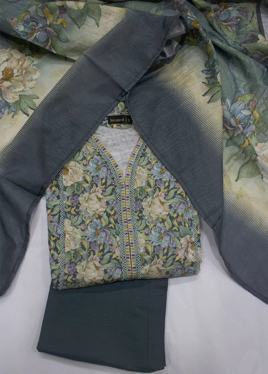 3 Piece Printed MultiColor Khaddar Frock with Trouser & Dupatta