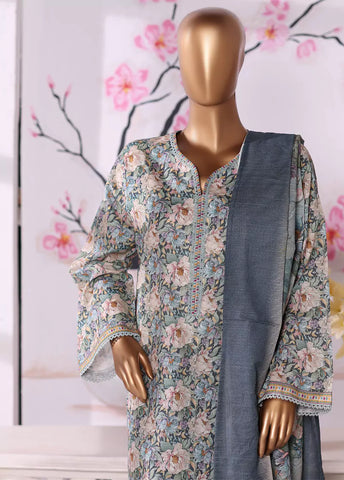 3 Piece Printed Blue Khaddar Shirt with Trouser & Dupatta