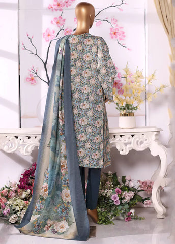 3 Piece Printed Blue Khaddar Shirt with Trouser & Dupatta