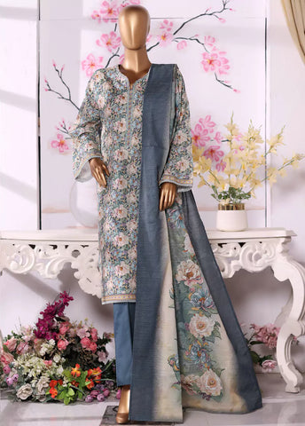 3 Piece Printed Blue Khaddar Shirt with Trouser & Dupatta