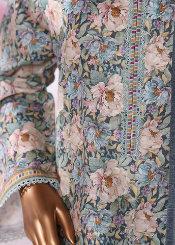 3 Piece Printed Blue Khaddar Shirt with Trouser & Dupatta