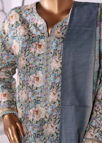 3 Piece Printed Blue Khaddar Shirt with Trouser & Dupatta