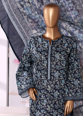 3 Piece Navy Blue Printed Khaddar Shirt with Trouser & Dupatta