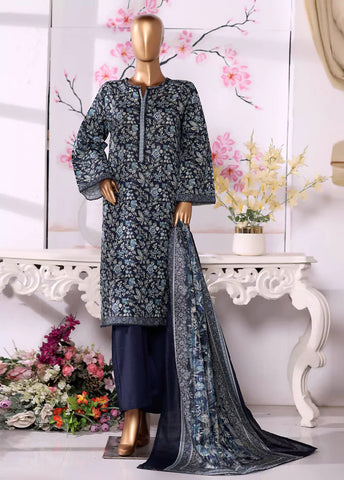 3 Piece Navy Blue Printed Khaddar Shirt with Trouser & Dupatta