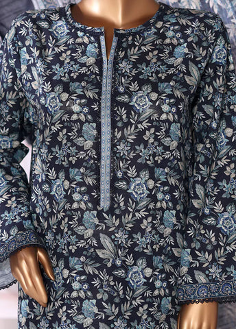 3 Piece Navy Blue Printed Khaddar Shirt with Trouser & Dupatta