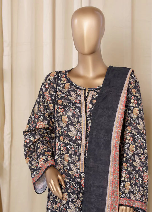 3 Piece Printed MultiColor Khaddar Frock with Trouser & Dupatta