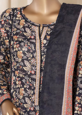 3 Piece Printed MultiColor Khaddar Frock with Trouser & Dupatta