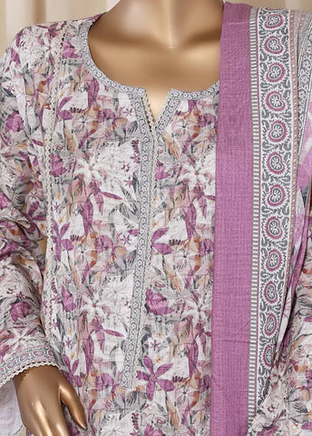 3 Piece Printed MultiColor Khaddar Frock with Trouser & Dupatta