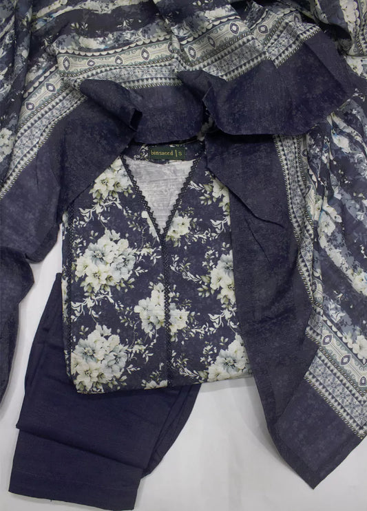 3 Piece Printed Navy Blue Khaddar Frock with Trouser & Dupatta