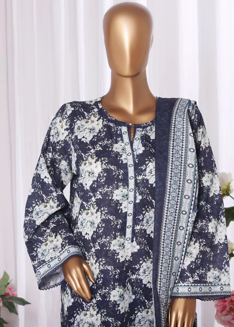 3 Piece Printed Navy Blue & White Khaddar Shirt with Trouser & Dupatta