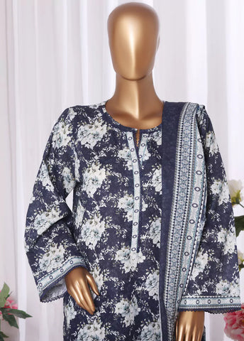 3 Piece Printed Navy Blue & White Khaddar Shirt with Trouser & Dupatta