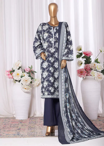 3 Piece Printed Navy Blue & White Khaddar Shirt with Trouser & Dupatta