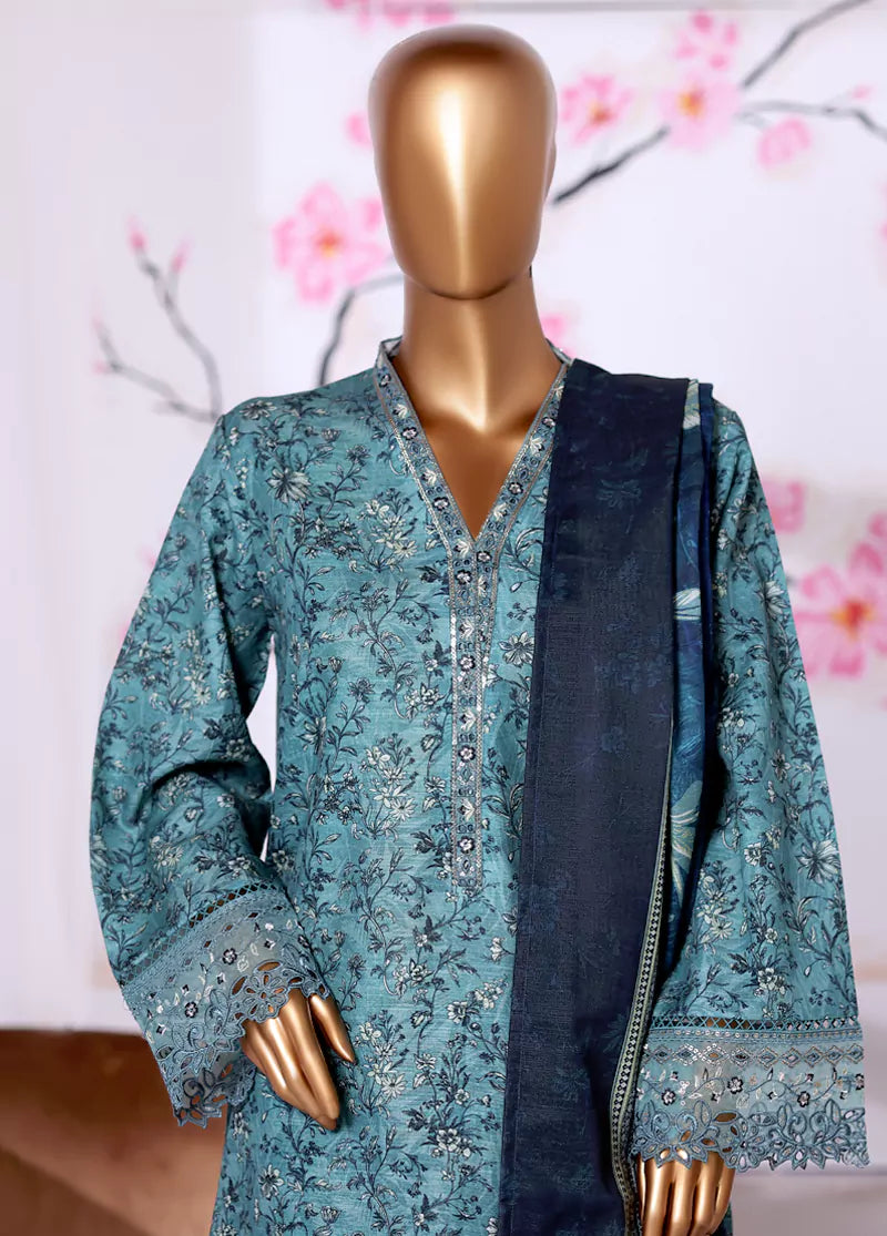 3 Piece Embroidered Blue Khaddar Shirt with Trouser & Dupatta