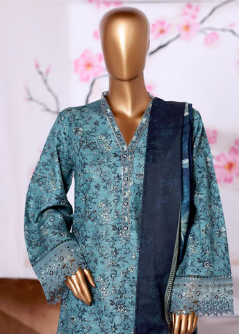3 Piece Embroidered Blue Khaddar Shirt with Trouser & Dupatta