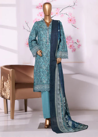 3 Piece Embroidered Blue Khaddar Shirt with Trouser & Dupatta