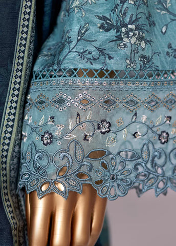 3 Piece Embroidered Blue Khaddar Shirt with Trouser & Dupatta