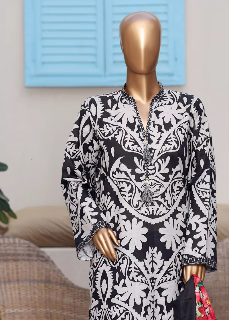 3 Piece Printed Black & White Khaddar Shirt with Trouser & Dupatta