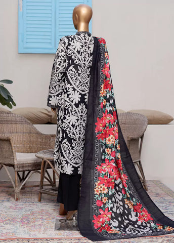3 Piece Printed Black & White Khaddar Shirt with Trouser & Dupatta