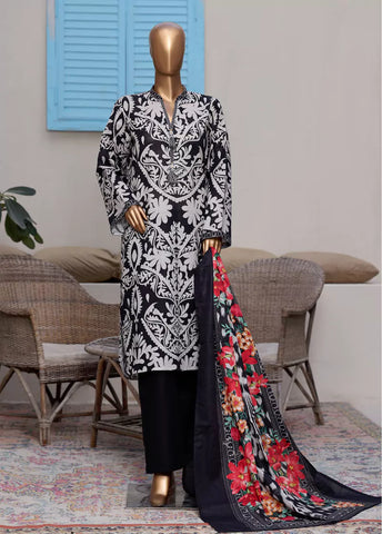 3 Piece Printed Black & White Khaddar Shirt with Trouser & Dupatta