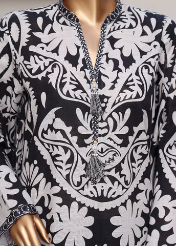 3 Piece Printed Black & White Khaddar Shirt with Trouser & Dupatta