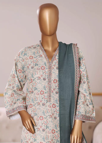 3 Piece Printed Ivory Khaddar Shirt with Trouser & Dupatta