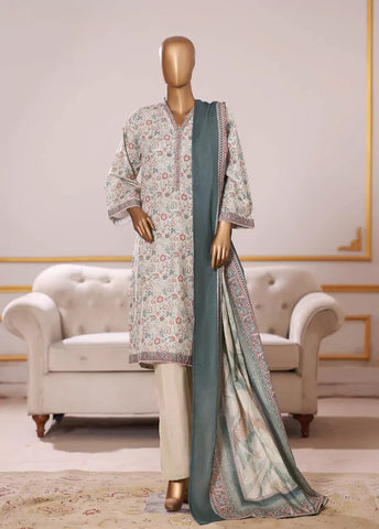 3 Piece Printed Ivory Khaddar Shirt with Trouser & Dupatta