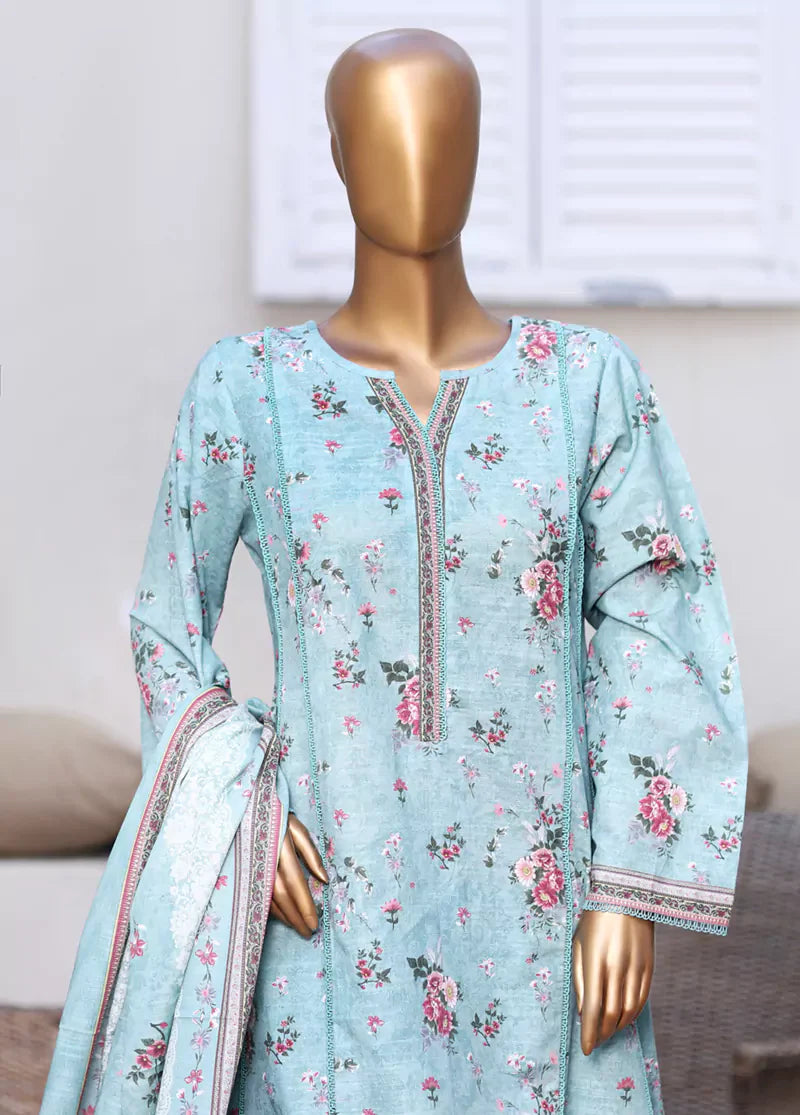 3 Piece Printed Light Blue Khaddar Frock with Trouser & Dupatta
