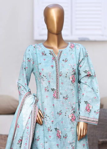 3 Piece Printed Light Blue Khaddar Frock with Trouser & Dupatta