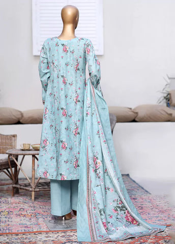 3 Piece Printed Light Blue Khaddar Frock with Trouser & Dupatta