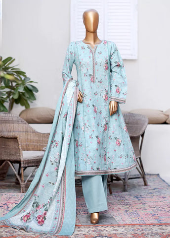 3 Piece Printed Light Blue Khaddar Frock with Trouser & Dupatta