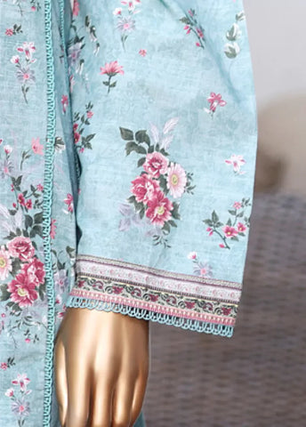 3 Piece Printed Light Blue Khaddar Frock with Trouser & Dupatta