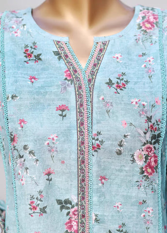 3 Piece Printed Light Blue Khaddar Frock with Trouser & Dupatta