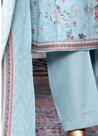 3 Piece Printed Light Blue Khaddar Frock with Trouser & Dupatta